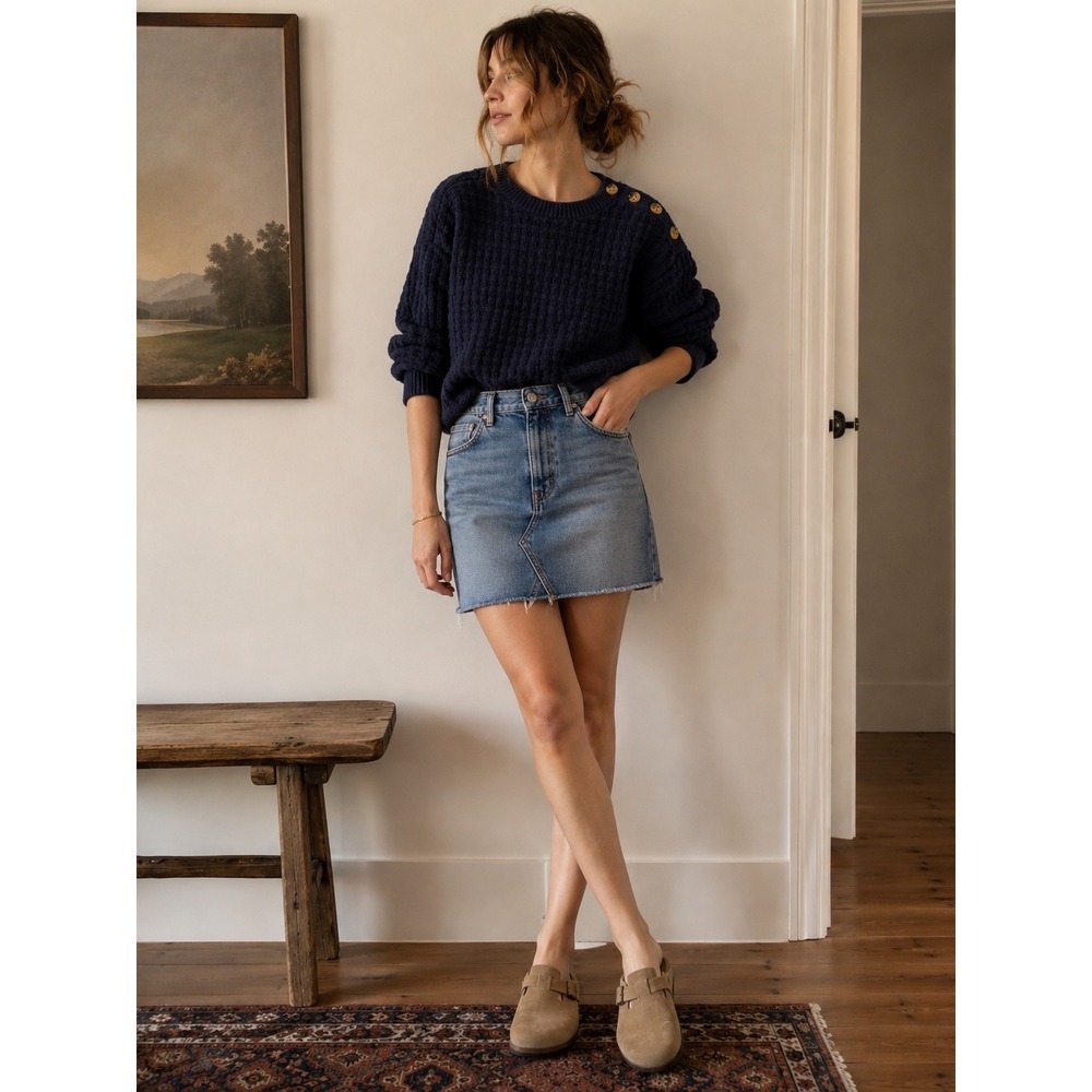 Ann Taylor Navy Blue Waffle Cable Knit Button Shoulder Sweater Womens Medium